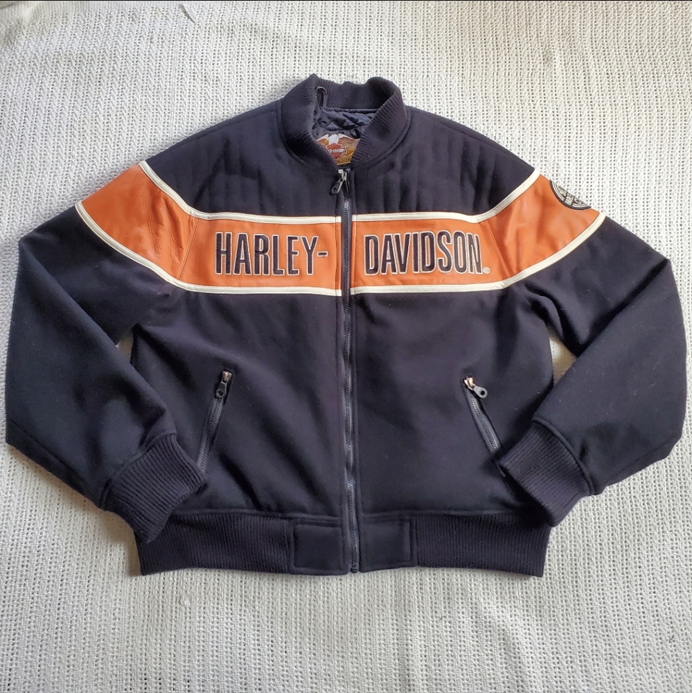 Harley Davidson Vintage Men's Large Wool Leather Jacket Black Orange Jacket USA